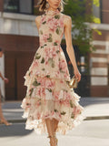 Charming Beige Chiffon Layered Dress with Pink Floral Print
