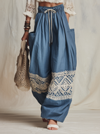 Blue Boho Linen Harem Pants with Crochet Lace Trim | Relaxed Fit Casual Trousers