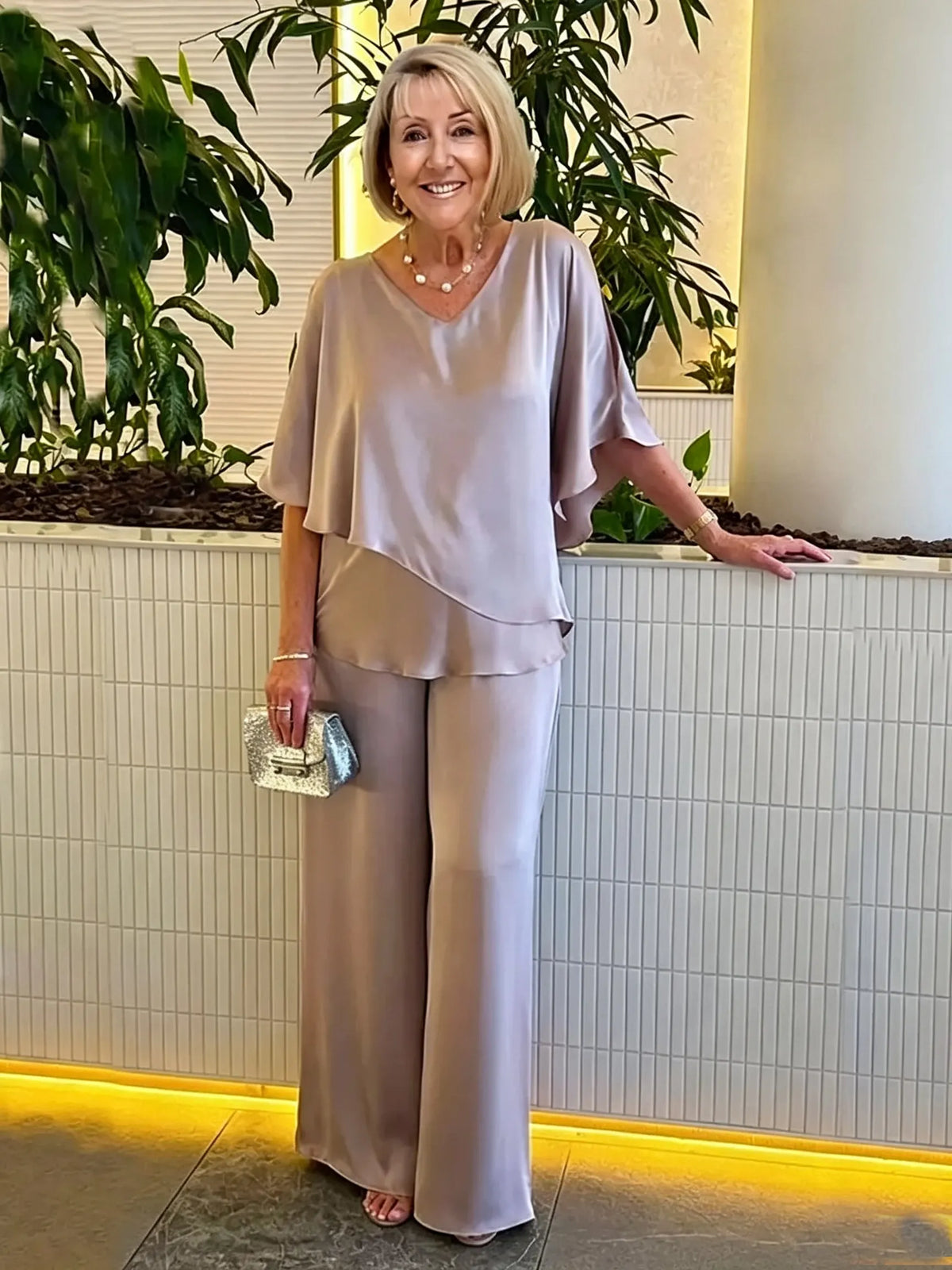 Women's 2 Piece Satin Pantsuit, V Neck Cape Flutter Sleeve Double Layer Tunic Top & Wide Leg Trousers, Elegant Loose Matching Outfit Set for Wedding Guest Formal Occasion
