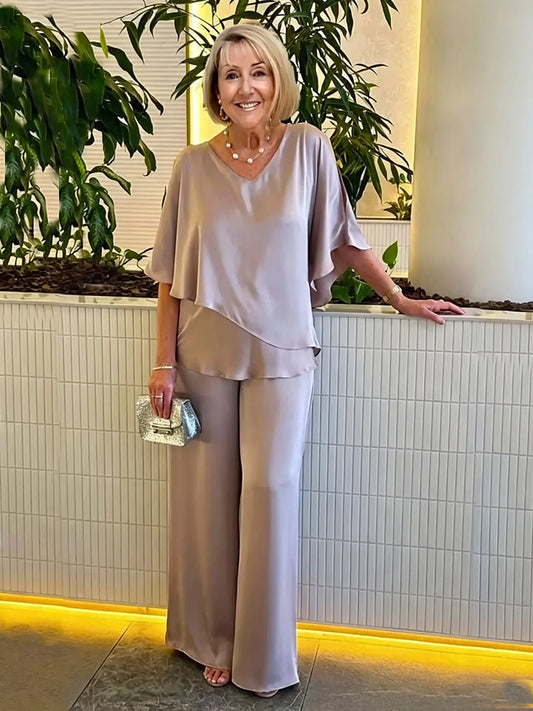 Women's 2 Piece Satin Pantsuit, V Neck Cape Flutter Sleeve Double Layer Tunic Top & Wide Leg Trousers, Elegant Loose Matching Outfit Set for Wedding Guest Formal Occasion