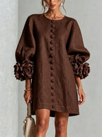 Women's 3D Floral Cuff Balloon Sleeve Mini Dress, Front Floral Button Cotton Linen Blend Shift Dress