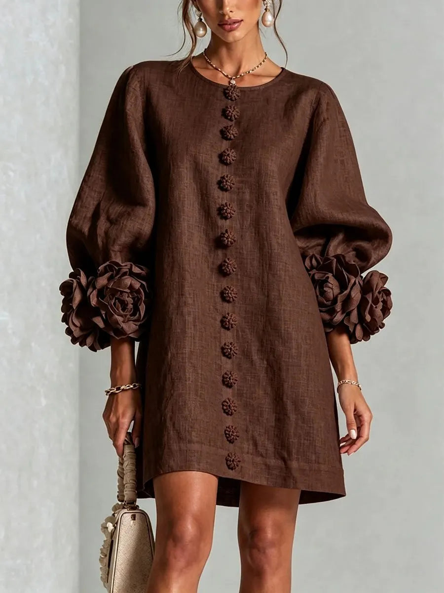 Women's 3D Floral Cuff Balloon Sleeve Mini Dress, Front Floral Button Cotton Linen Blend Shift Dress