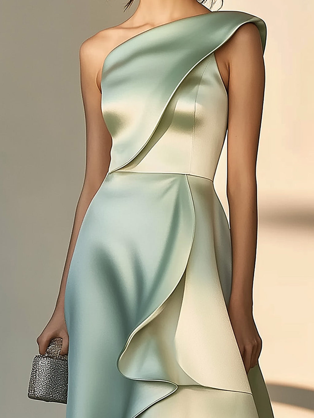 Light Green Ombre Satin Dress with Asymmetric Ruffles