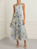 Light Blue 3D Floral Chiffon Boat Neck Sleeveless A-Line Midi Dress