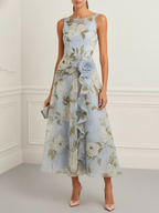 Light Blue 3D Floral Chiffon Boat Neck Sleeveless A-Line Midi Dress