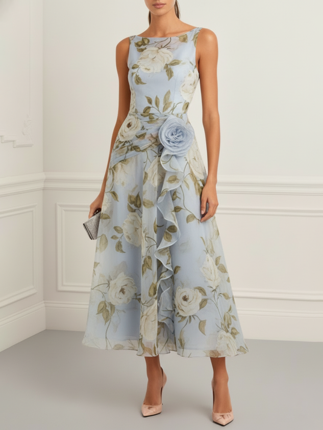 Light Blue 3D Floral Chiffon Boat Neck Sleeveless A-Line Midi Dress