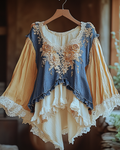 Summer Vacation Embroidery Contrast Ruffle Denim Patchwork Lace Top b09c