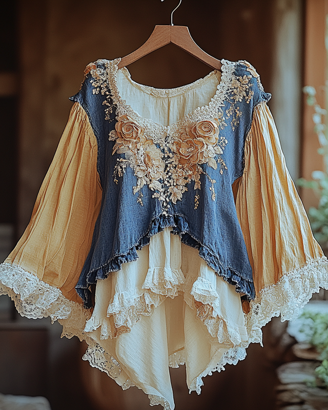 Summer Vacation Embroidery Contrast Ruffle Denim Patchwork Lace Top b09c