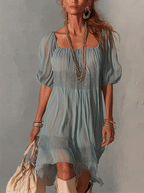 Blue Pleated Lace Midi Dress