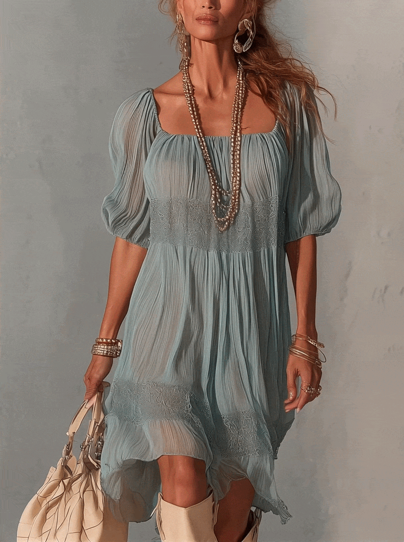 Blue Pleated Lace Midi Dress
