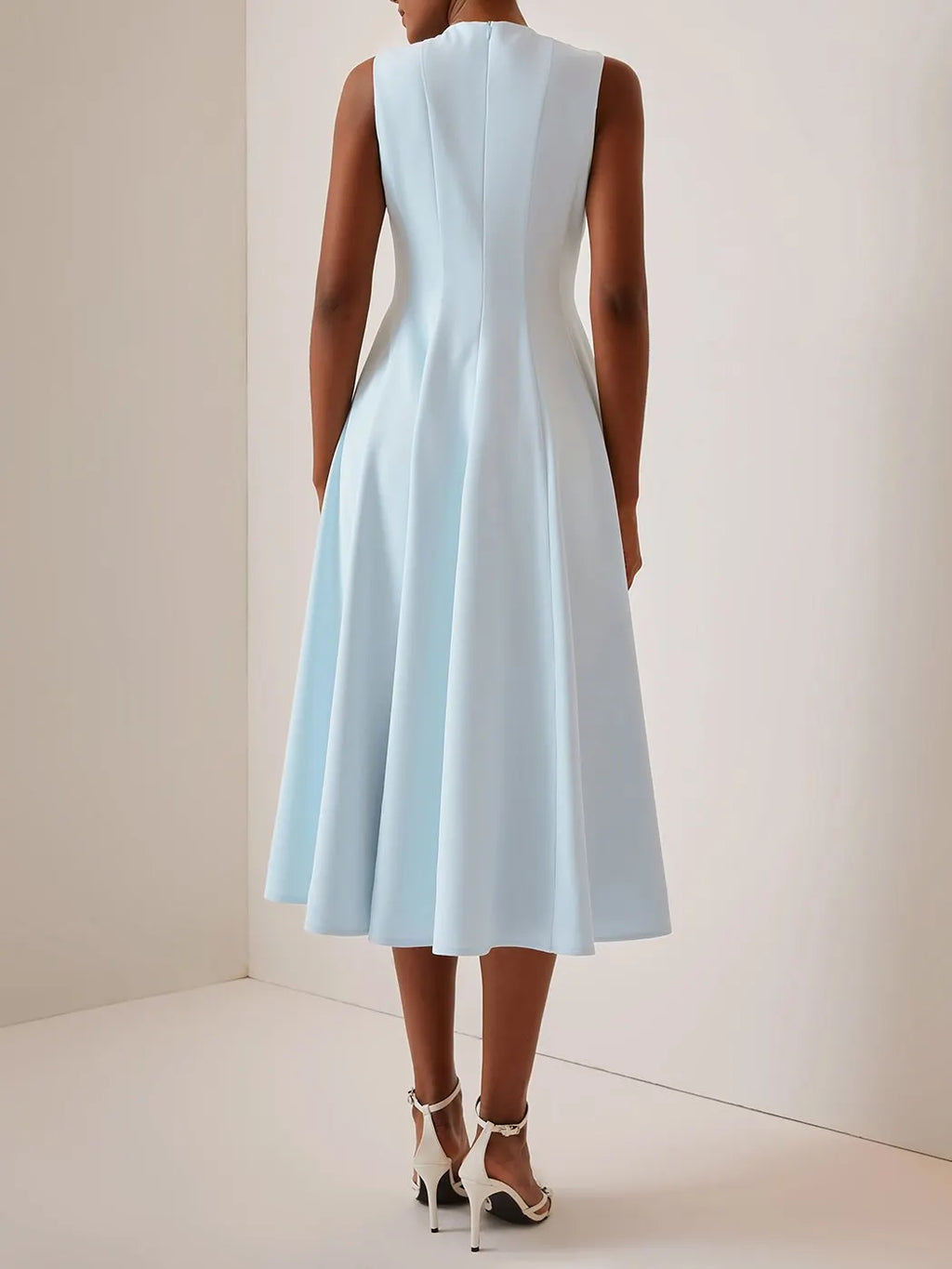 Blue Ruched Crew Neck Sleeveless A-Line Midi Dress