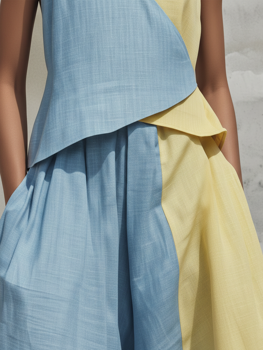 Light Blue & Yellow Colorblock Linen Two Piece Set