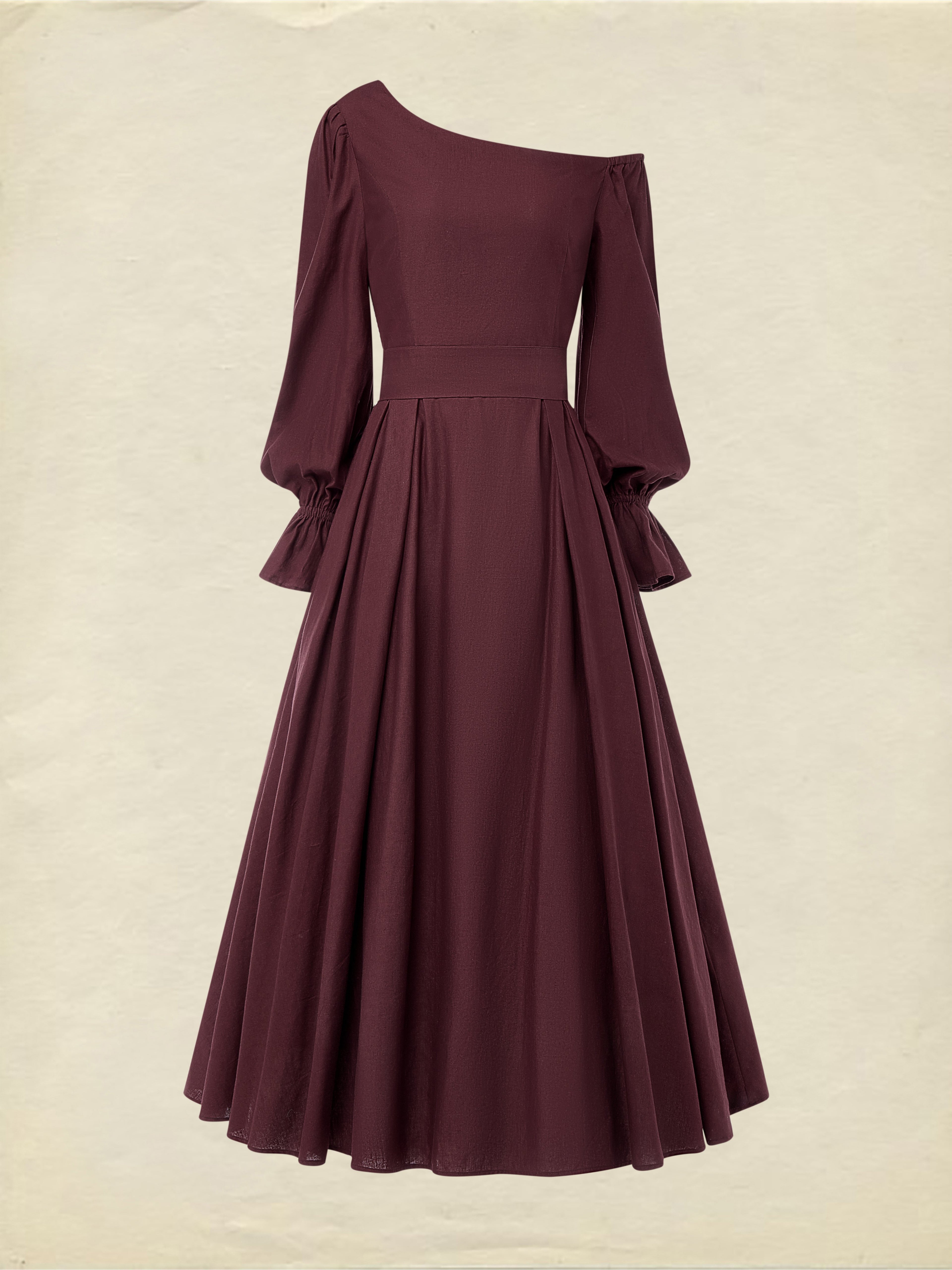 Midi Cotton Dress, Long Sleeves, One Shoulder, Plain, Belt Design, French Vintage, CAMEO BROWN