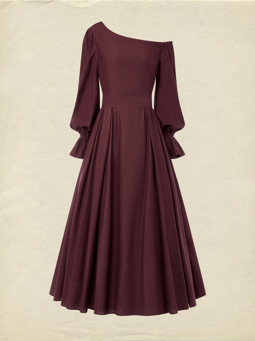 Midi Cotton Dress, Long Sleeves, One Shoulder, Plain, Belt Design, French Vintage, CAMEO BROWN