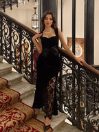 Black Lace Bow Sleeveless Mermaid Maxi Velvet Dress