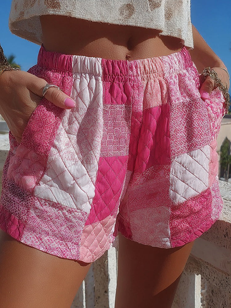 Women's Pink Geometric Patchwork Casual Shorts