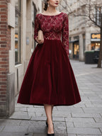 Midi Cotton Dress, Long Sleeves, Round Neck, Floral, Lace, Vintage, Red