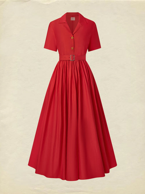 Cotton Maxi Dress, Plain, Pocket Stitching, Shawl Collar, Linen Blended, Belt, Vintage, Short Sleeves, Red