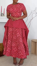 Red Ethnic Pattern Short Sleeve Layered Midi Dresss