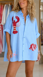Lobster Embroidery Oversized Shirt Dress