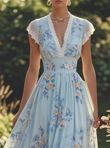 Light Blue Faux Pearl Floral V Neck A-Line Maxi Chiffon Dress