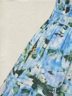 Maxi Cotton Dress, Short Sleeves, V Neck, Floral, Vintage, Blue