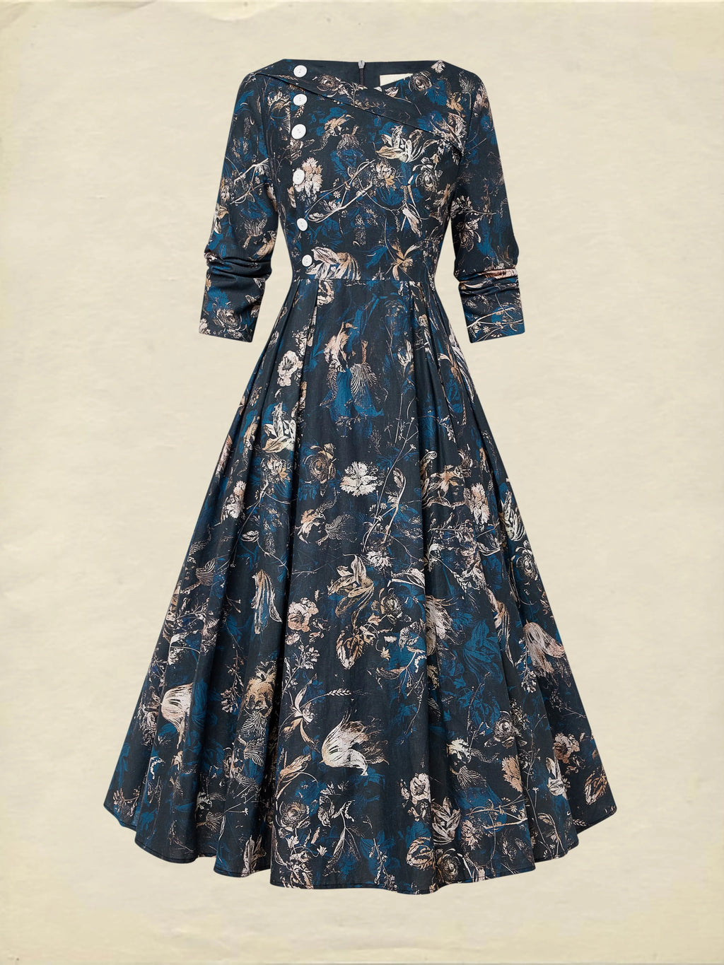 Midi Linen Dress, Long Sleeves, V Neck, Floral, Button Design, Vintage, Deep Blue