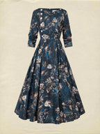 Midi Linen Dress, Long Sleeves, V Neck, Floral, Button Design, Vintage, Deep Blue