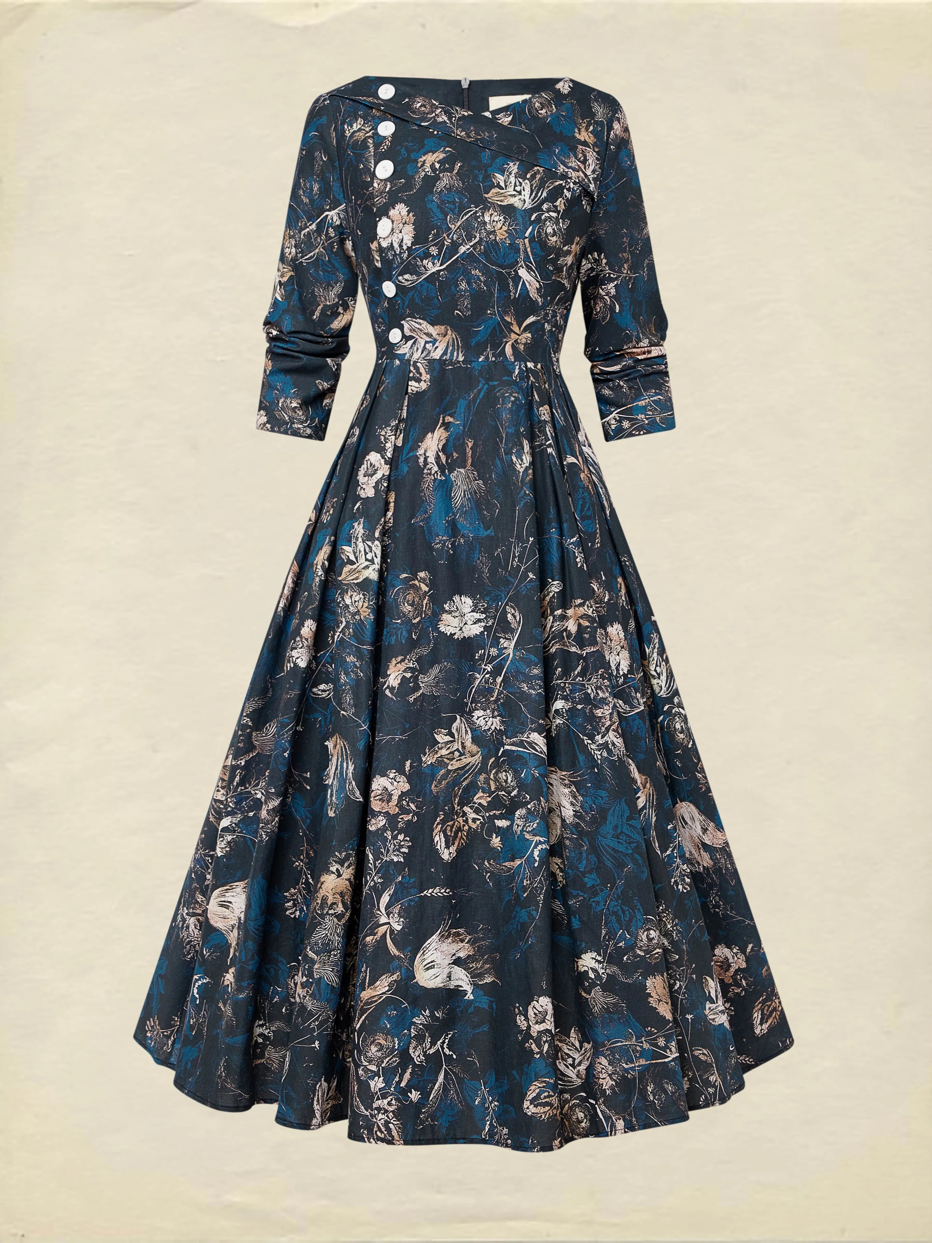 Midi Linen Dress, Long Sleeves, V Neck, Floral, Button Design, Vintage, Deep Blue