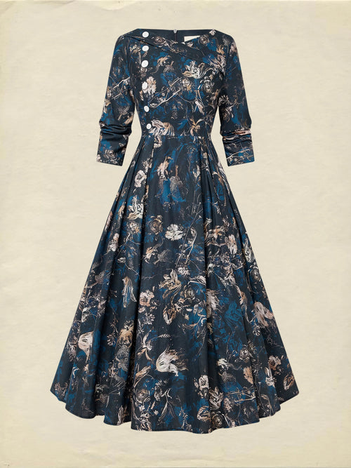 Midi Linen Dress, Long Sleeves, V Neck, Floral, Button Design, Vintage, Deep Blue
