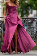 Magenta Satin Cowl Slip Maxi Dress