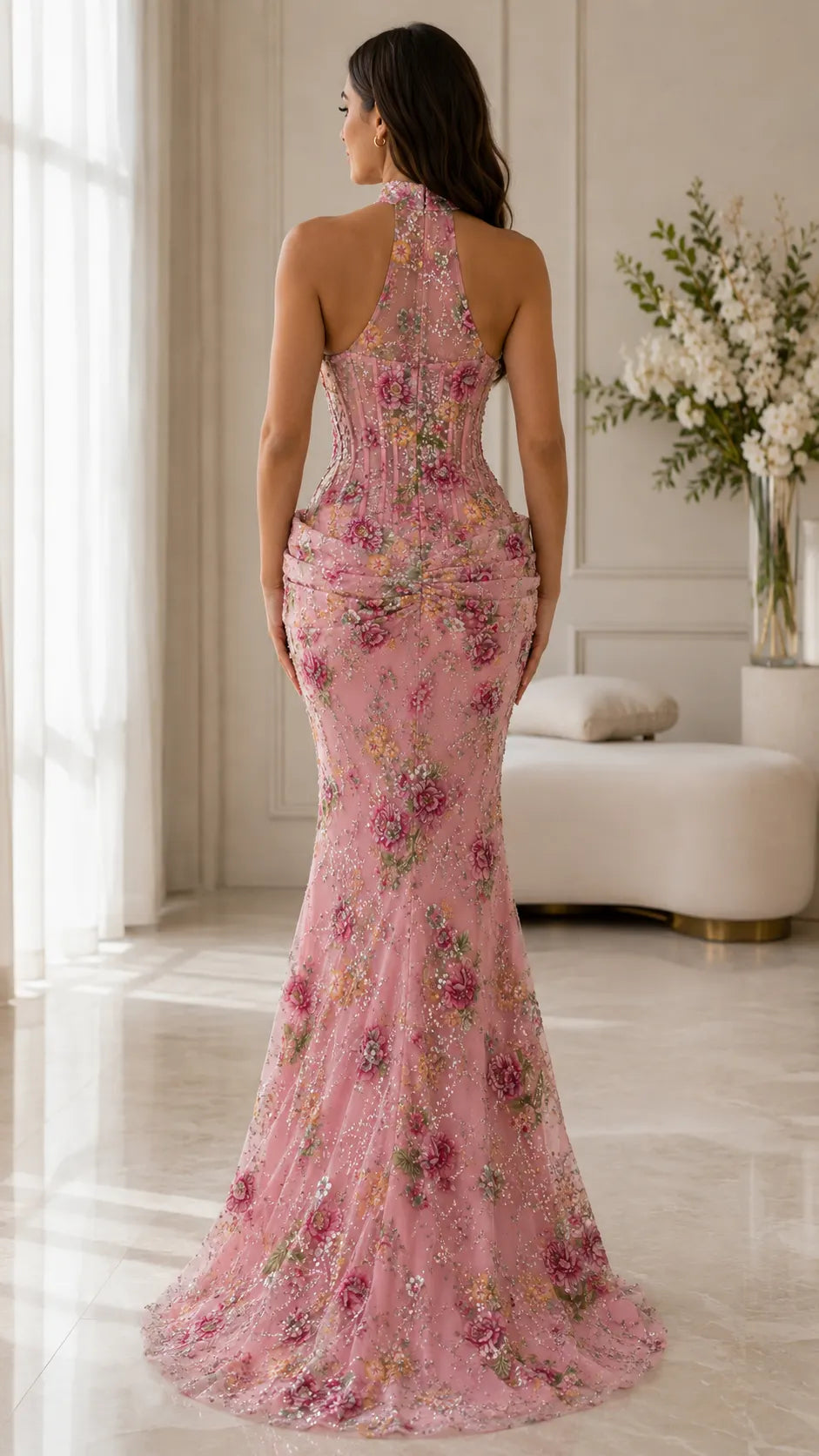Floral Beaded Halter Mermaid Formal Dress