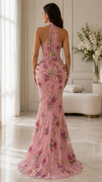 Floral Beaded Halter Mermaid Formal Dress
