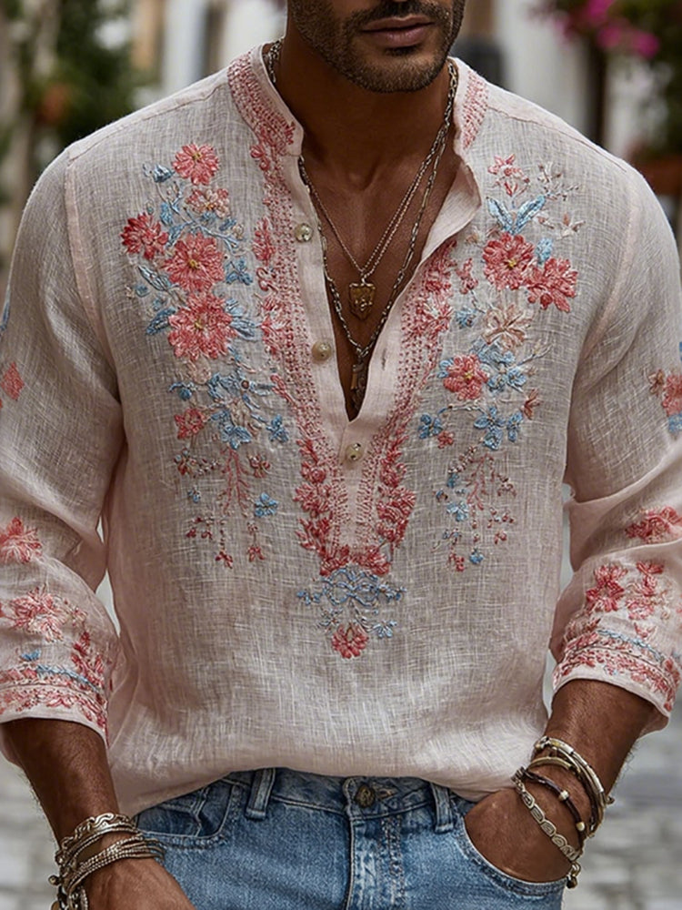 Men's Vintage Spring Floral Embroidered Art Print Casual Shirt