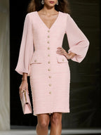 Pink Buckle Tweed V Neck Long Balloon Sleeve Sheath Midi Dress