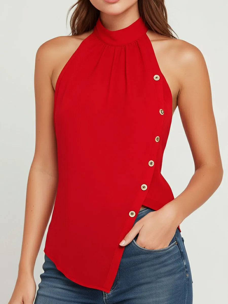 Chic Red Halter Neck Asymmetrical Sleeveless Top
