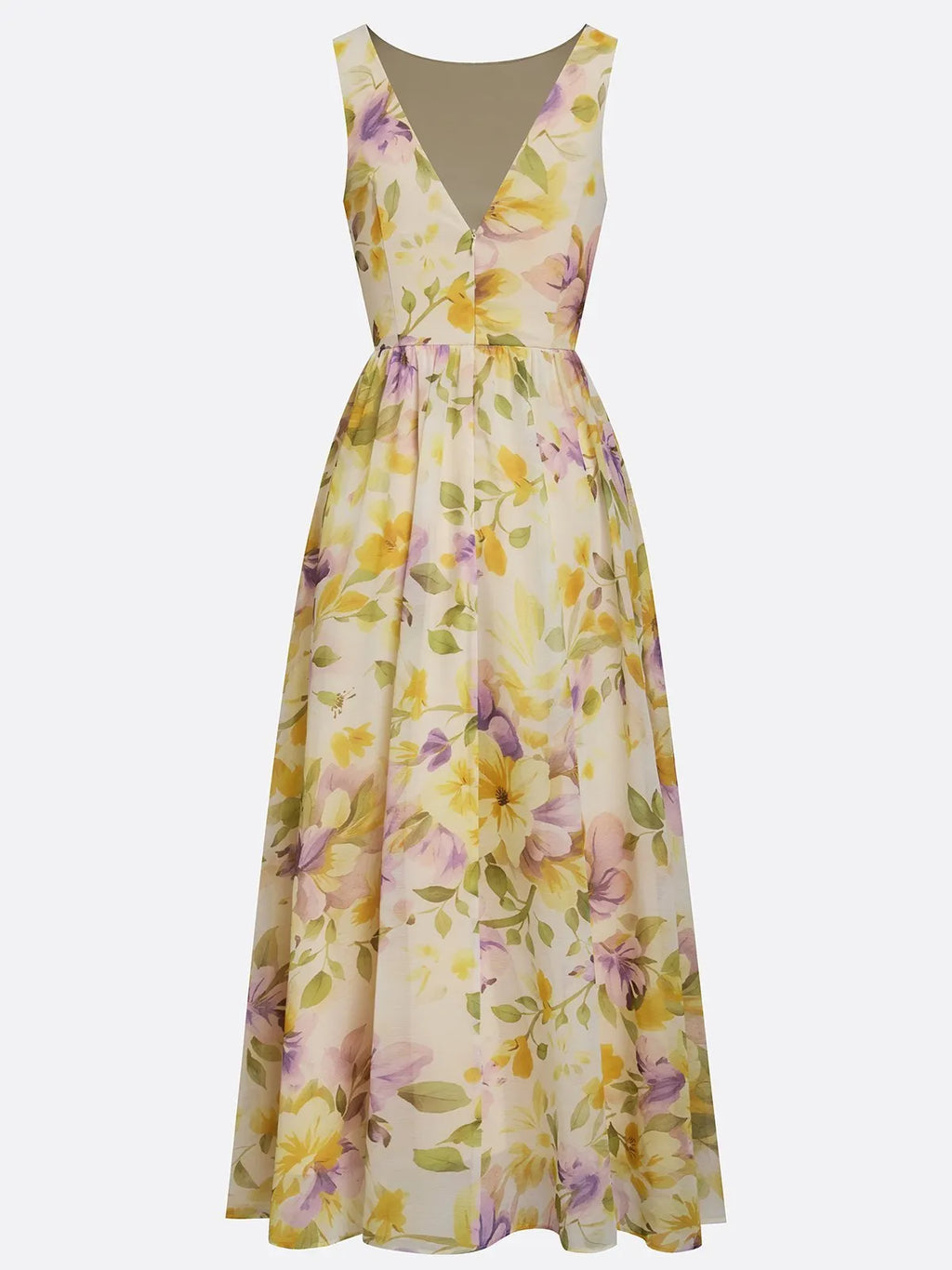 Yellow Floral Ruched Chiffon Boat Neck Sleeveless A-Line Maxi Dress