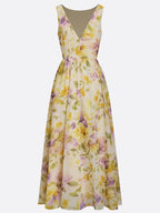 Yellow Floral Ruched Chiffon Boat Neck Sleeveless A-Line Maxi Dress