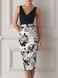 Black Surplice V-Neck Top & Floral Print Pencil Skirt Two-Piece Set