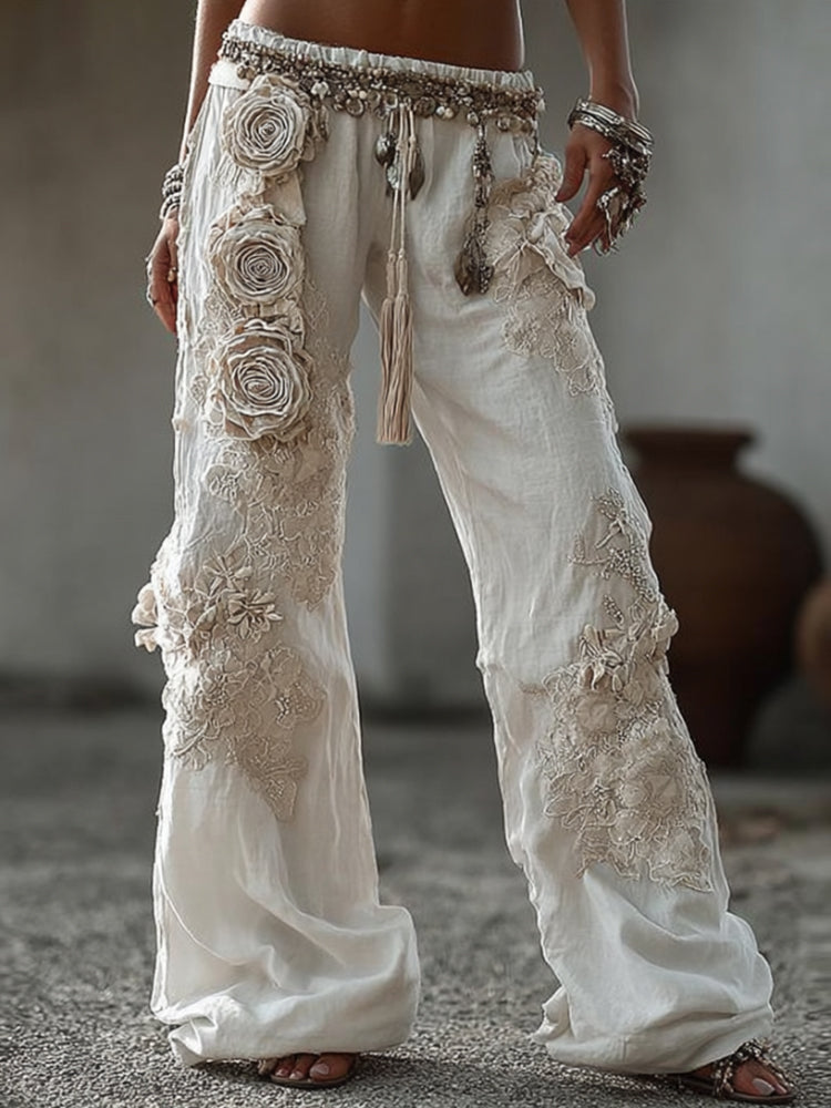 Women's Vintage White Rose-print White Long Pants
