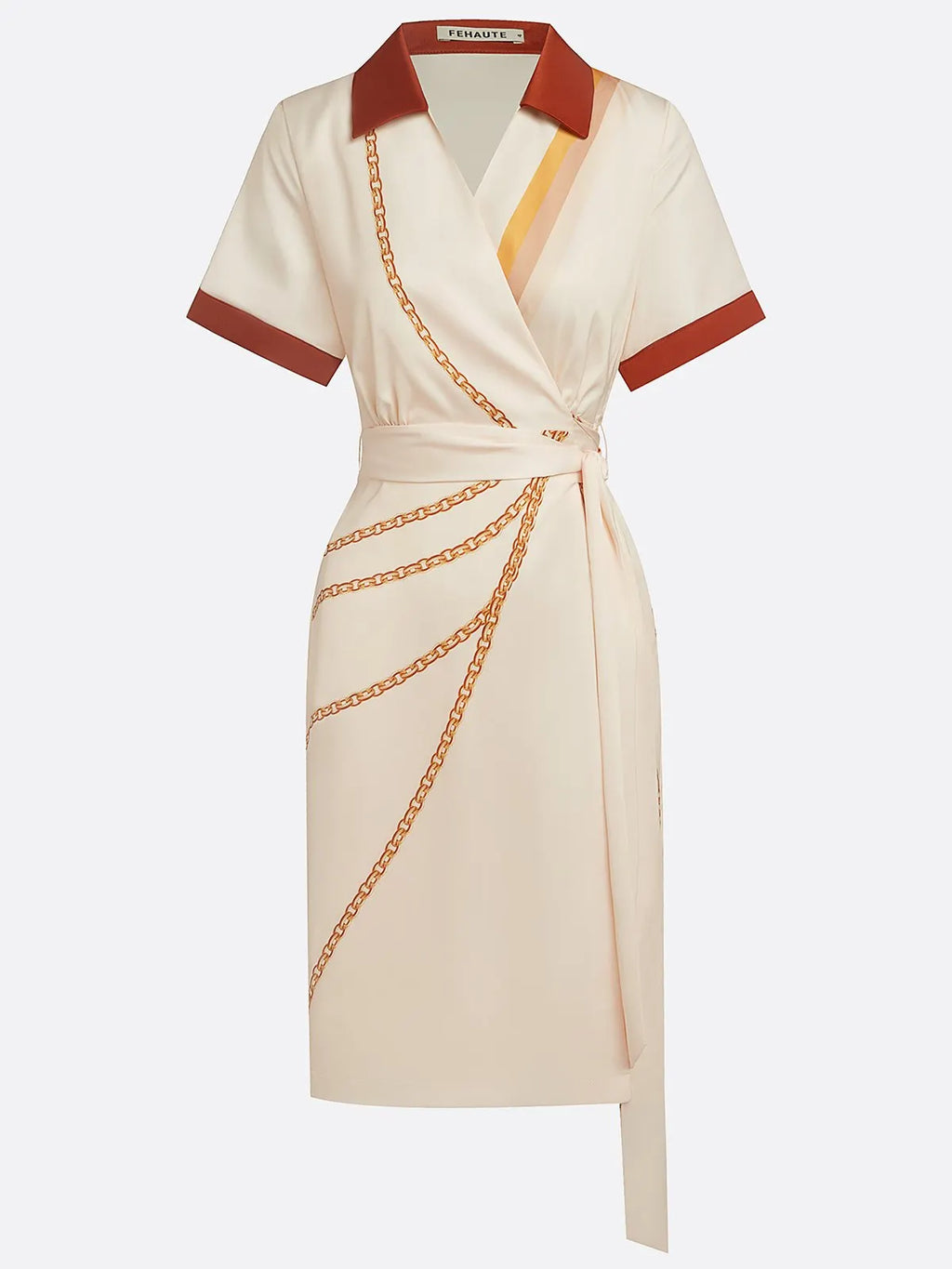 Apricot Wrap Dress Shirt Collar Short Sleeve Sheath Midi Dress
