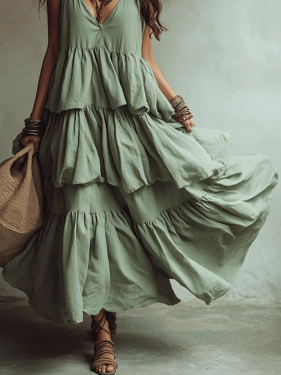 Effortless Boho Tiered Maxi Dress In Soft Sage Green
