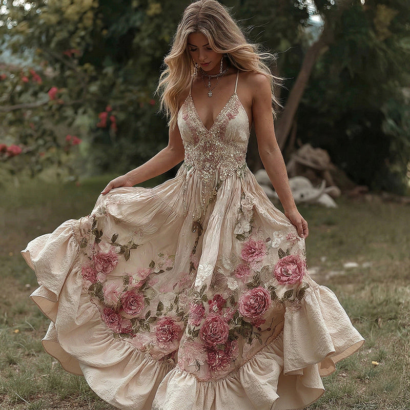 Women's Vintage Roses Embroidery Art V-neck Suspender Maxi Dress