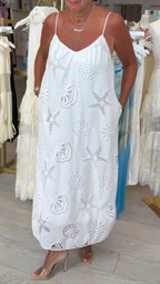 Ocean Motif Eyelet Spaghetti Strap Midi Dress