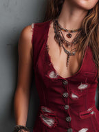 Vintage Button Distressed Denim Vest