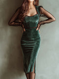 Emerald Velvet Sheer Mesh Sleeves Bodycon Midi Dress With Side Slit