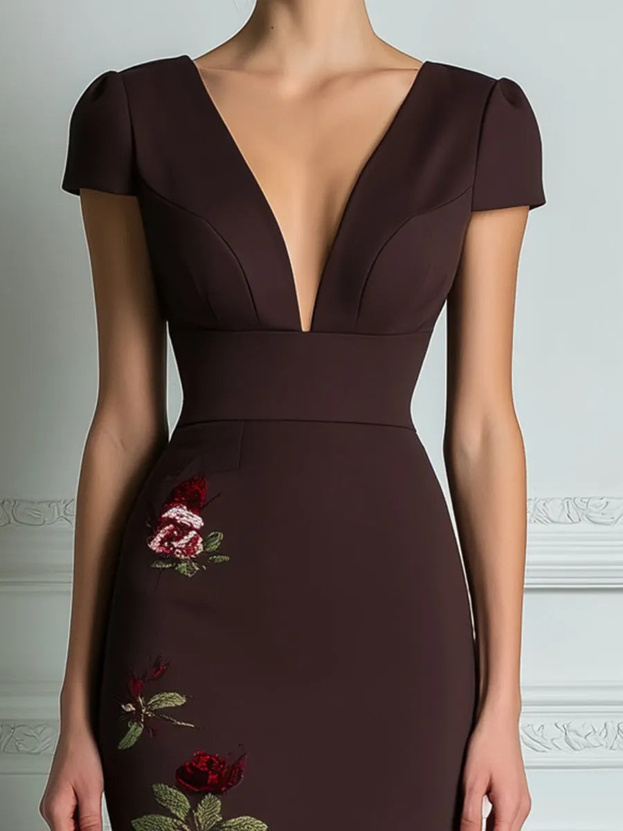 Deep V-Neck Embroidered Rose Fitted Midi Dress