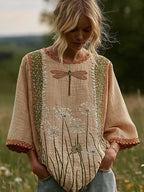 Women's Vintage Dragonfly And Dandelion Pattern Long-sleeved Linen Shirt