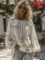 Women's Vintage White Rose Embroidery Art Comfy Linen Long Sleeve Shirt