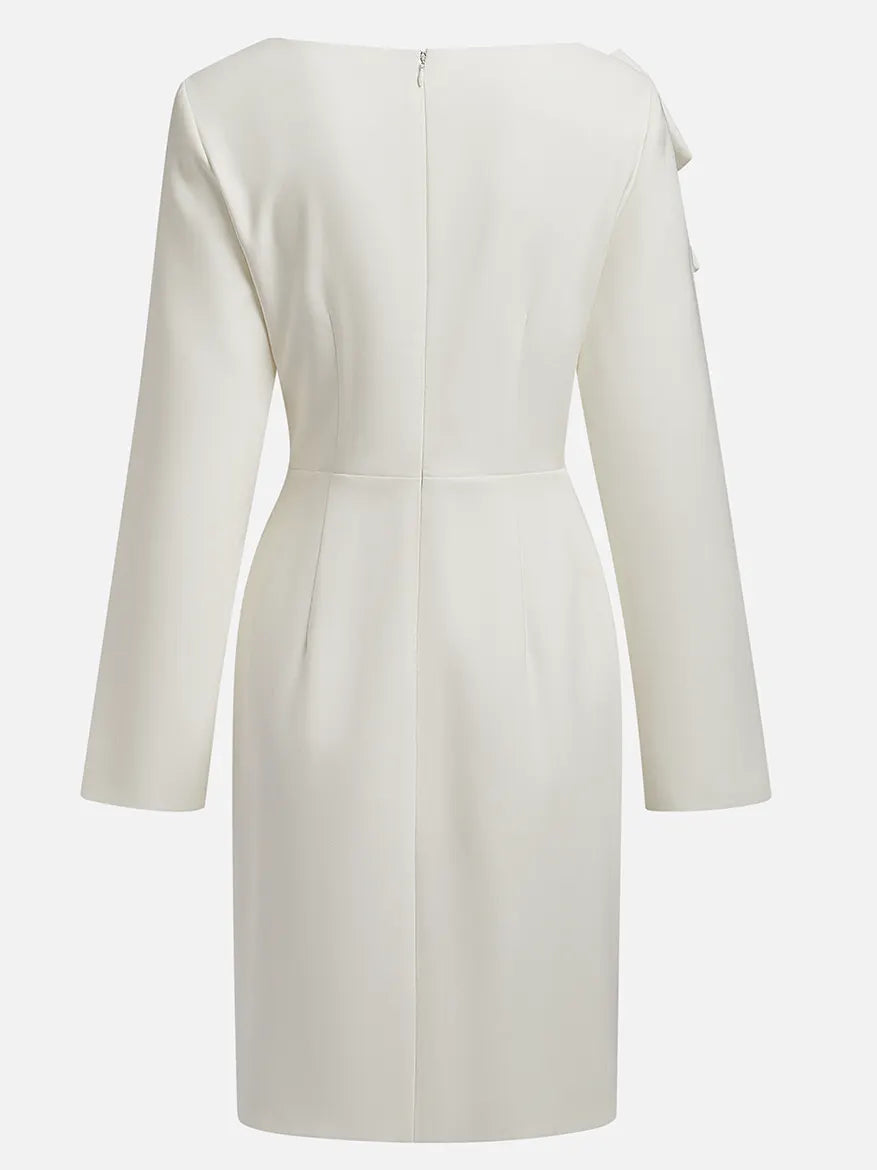 Cream White Bow Long Sleeve Sheath Midi Dress